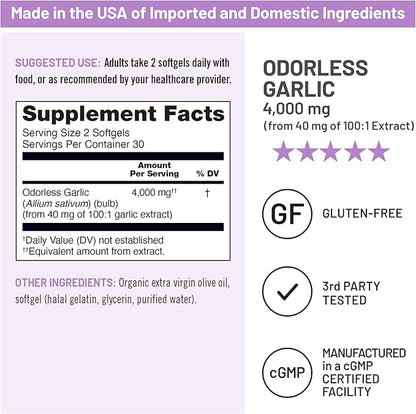 NatureWise Odorless Garlic Supplement 4000mg - Ultra Potent 100:1 Extract - Healthy Cholesterol Formula, Heart Health Support - Non-GMO, Gluten Free, with Halal Gelatin - 60 Count[30-Day Supply]