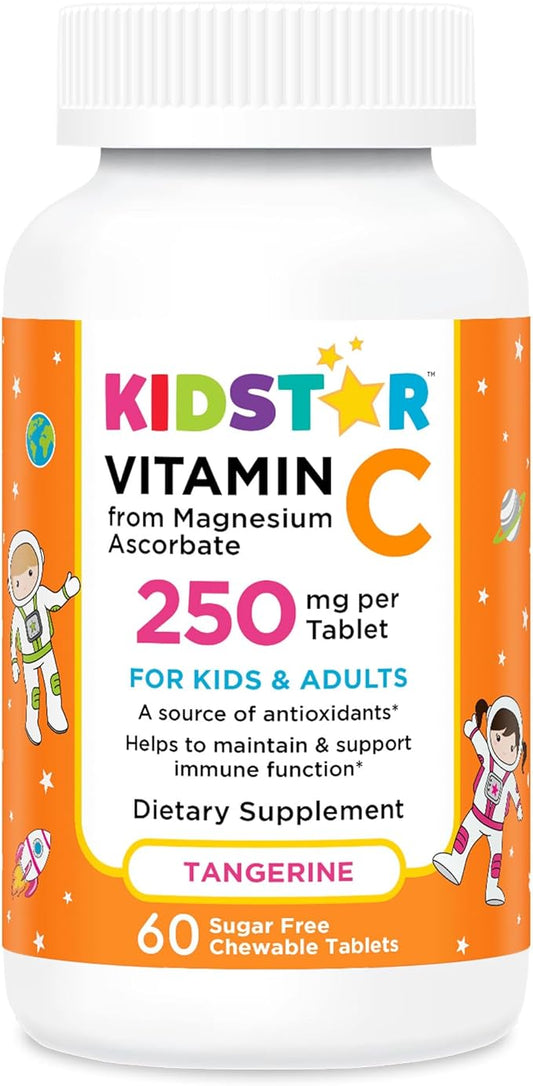 KidStar Nutrients Vitamin C Chewable Tablet, Sugar-Free, Tangerine Flavor, 250mg Magnesium Ascorbate, 60 CT
