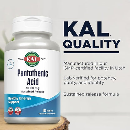 KAL Pantothenic Acid 1000mg, Sustained Release Vitamin B5 - Energy Supplements - Supports Metabolism of Carbs, Fat and Protein, Hair and Skin Health, Vegan, 60-Day Guarantee, 100 Servings, 100 Tablets