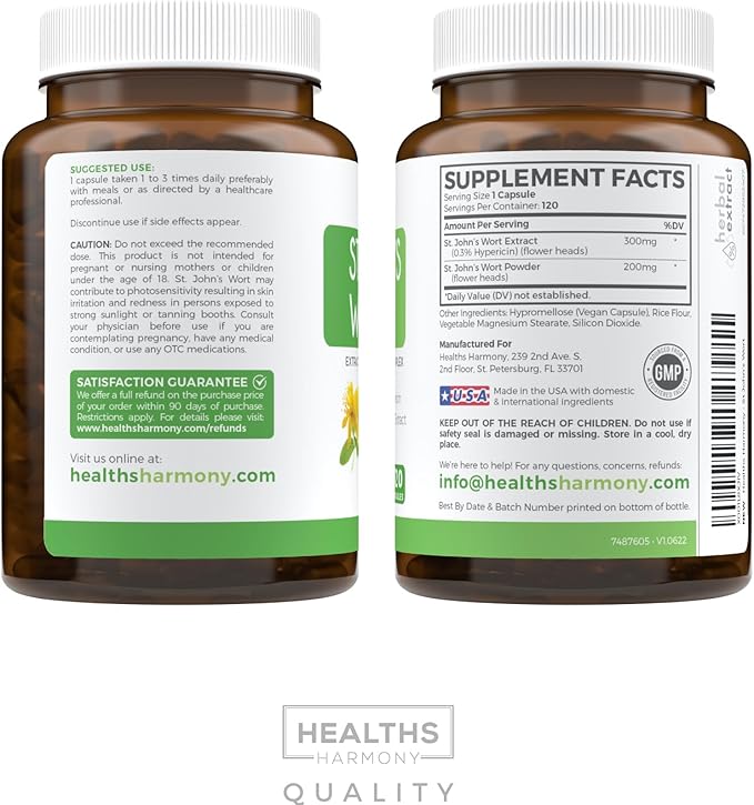 St. John's Wort - 120 Capsules (Non-GMO) Effective St Johns Wort Capsules - Powerful 900mcg Hypericin - Standardized Extract & Whole Herb Supplement - No Oil, Pills, Tea, Tincture - 500mg Per Capsule