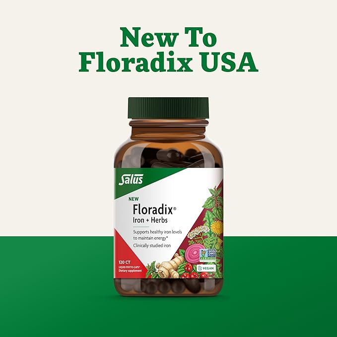 Floradix Iron + Herbs - Iron Supplement for Healthy Energy Support* - Vegan, Non-GMO, Gluten-Free, Soy-Free - 120 Liquid Phyto-Caps