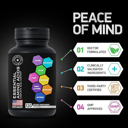 Essential Amino Acids Complex for Men & Women - Advanced Workout Power & Recovery Formula - Vegan BCAA Amino Acid Supplement with All 9 Branch Chain Essential Aminos - 240 Keto Friendly EAA BCAA Pills