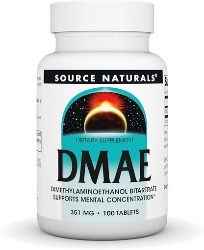 Source Naturals DMAE, Dimethylaminoethanol Bitartrate - Supports Mental Concentration - 100 Tablets