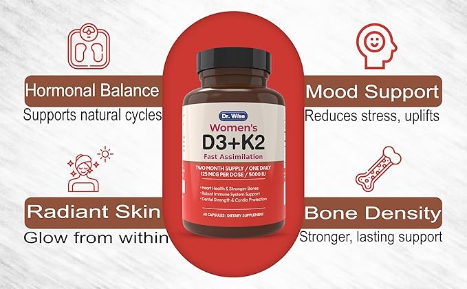 Dr. Wise Vitamin D3 5000 IU + K2 MK-7 - Women’s Supplement for Bone Strength, Heart Health, Immune Support & Radiant Skin - 60 Capsules - High Absorption - 2 Month Supply