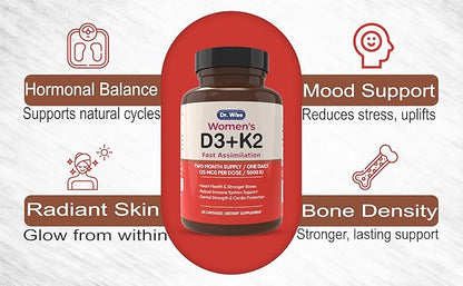 Dr. Wise Vitamin D3 5000 IU + K2 MK-7 - Women’s Supplement for Bone Strength, Heart Health, Immune Support & Radiant Skin - 60 Capsules - High Absorption - 2 Month Supply