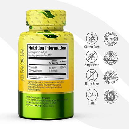 ORZAX Vitamin D3 2000 iu (50 mcg) – Non-GMO, Gluten Free, Sugar Free, Dairy Free – 1 Year Supply for Strong Muscle Function and Immune Support – Mood Supplement for Wellness (360 Softgel)