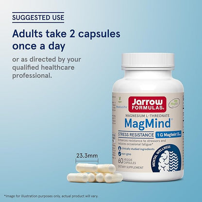Jarrow Formulas MagMind Stress Resistance with Magtein 1g, L-Theanine and Rhodiolife, Dietary Supplement for Occasional Fatigue and Stress, 60 Veggie Capsules, 30 Day Supply