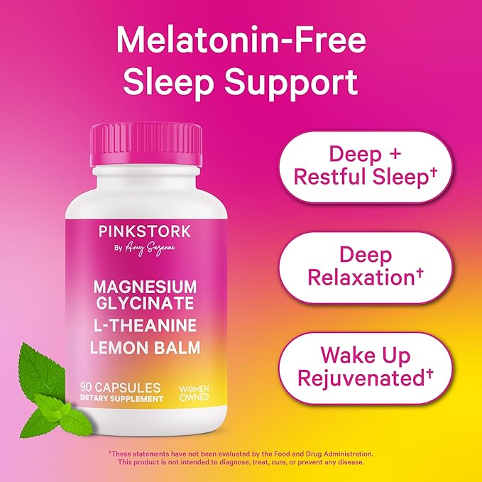 Pink Stork Magnesium Glycinate, L-Theanine, Lemon Balm - Melatonin-Free Magnesium for Sleep Support - Natural Calm and Relaxation - 90 Capsules
