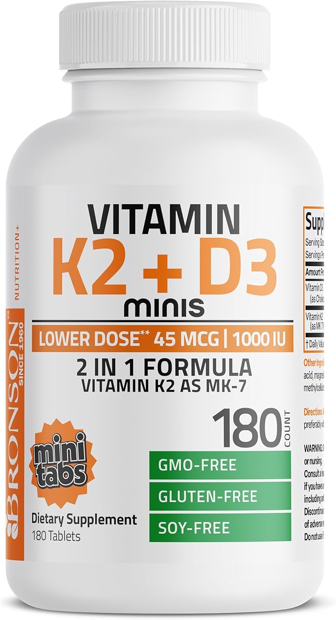 Bronson Vitamin K2 (MK7) with D3 Lower Dose 45mcg Vitamin K2 & 1000 IU Vitamin D3 Easy to Swallow Daily Maintenance 2 in 1 Formula Non-GMO, 180 Mini Tablets