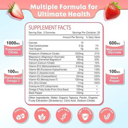 Potassium Magnesium Supplement Gummies for Adults Kids, Magnesium Glycinate & Potassium Citrate, Plus Multivitamin, Omega-3 & Black Pepper, Leg Cramps, Muscle & Heart Health, 60ct