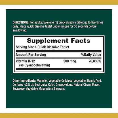 Nature's Bounty Vitamin B12, Supports Energy Metabolism and Nervous System Health, 500mcg, Tablets, 100 Ct (Pack of 2)