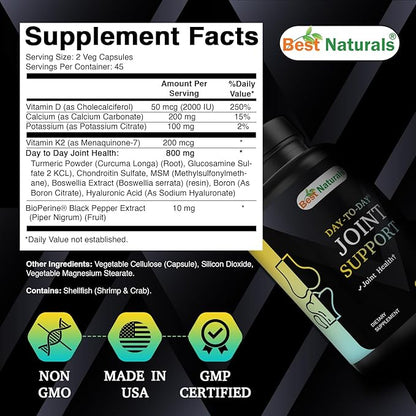 Best Naturals Day-to-Day Joint Support 90 Veg Capsules - Made with Vitmain D, K2, Calcium, Potassium, Turmeric, Glucosamine, Chondroitin, MSM