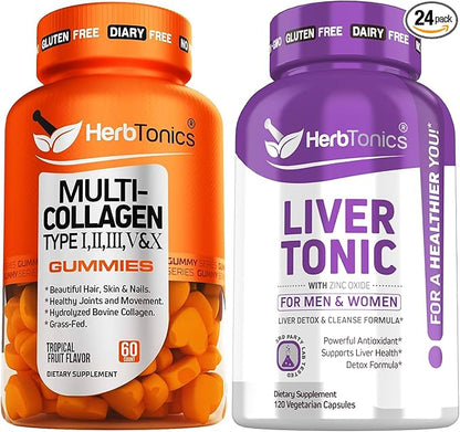 Herbtonics Multi Collagen Gummies Type 1,2,3,5 & 10 with Biotin for Hair Growth, Skin, Nails - Liver Cleanse Detox & Repair Formula with Milk Thistle - Artichoke and 24 Herbs Liver Health Support