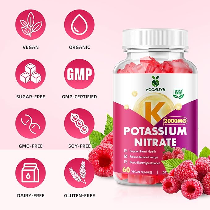 Potassium Gummies for Women & Men, High Dose Potassium Supplement 2000mg Supports Muscle Cramps & Electrolyte Balance, Raspberry Flavor 120 Count