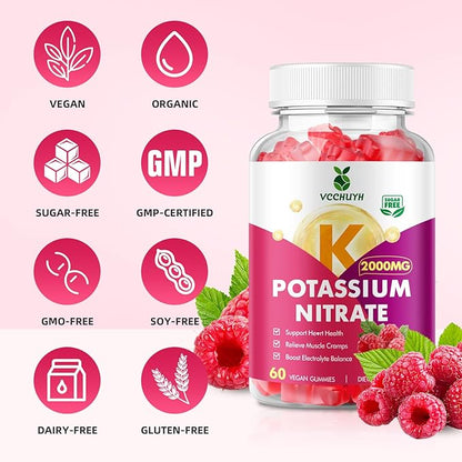 Potassium Gummies for Women & Men, High Dose Potassium Supplement 2000mg Supports Muscle Cramps & Electrolyte Balance, Raspberry Flavor 120 Count