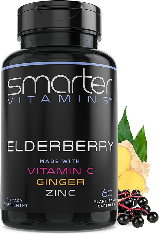 Smarter Elderberry Capsules + Vitamin C + Ginger & Zinc, Herbal Supplement, Powerful Black Elder Berry Extract Antioxidant Vitamin, 60 Vegan Pills