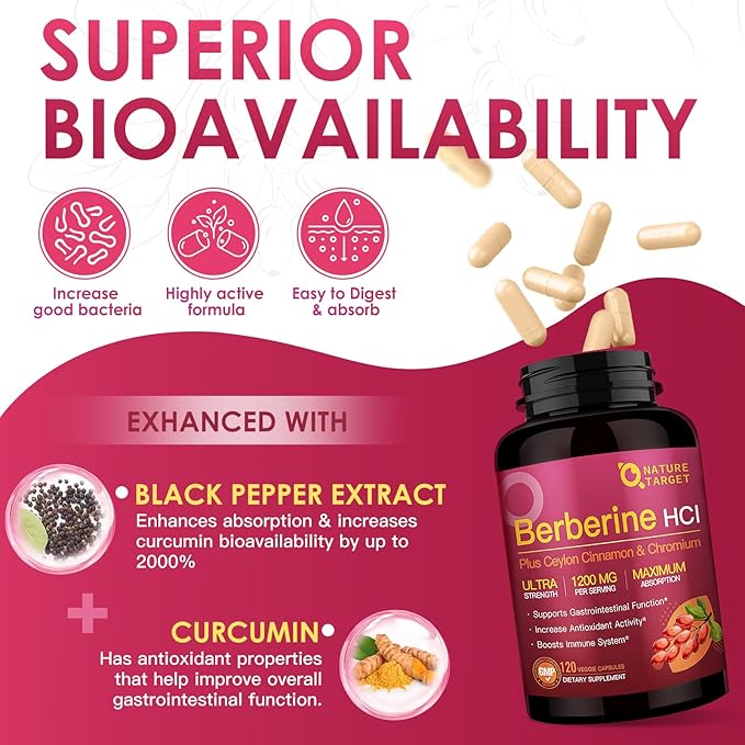 NATURE TARGET Berberine HCl 1200mg, Berberine Supplement with Ceylon Cinnamon, Chromium - Supports Immune, Gastrointestinal & Heart Health, Non-GMO, 120 Capsules