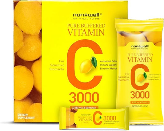 Pure Buffered Vitamin C 3000 mg per Serving, Dietary Supplement for Immune Support - 60 Sticks x 1 Box, 2 Months Supply (60 Count)
