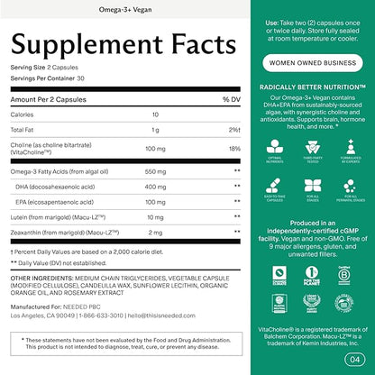Needed. Vegan Omega-3 DHA & EPA Supplement - 500mg Omega-3 + 100mg Choline, Plant-Based Capsules, Sustainably Sourced Algae Oil, 2 Capsules Daily, 30-Day Supply