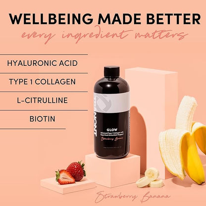 Tranont Glow | Strawberry Banana | 2 Pack | Type 1 Collagen with Superfood Antioxidant Support | for Hair, Skin, Nails & Joints | Liquid Collagen with Hyaluronic Acid & Peptides | 30 Fl Oz