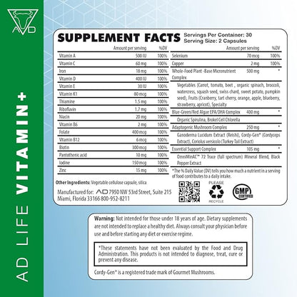 Project AD Vitamin+ Multimineral Multivitamin Supplement Complete Antioxidant, Energy & Immune Support. (60 Servings)