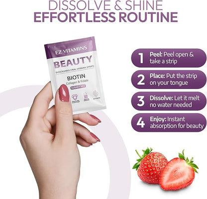 Oral Strips for Hair Growth, Glowing Skin & Strong Nails – Fast-Acting Biotin, Vitamin E, Collagen & Folate Supplement For Men & Women – 2X Faster Results, Strawberry Flavor, 30 Strips | Sugar Free