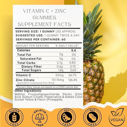 Vitamin C 60000mcg + Zinc 15000mcg Gummies, Individually Wrapped 60 Count, Supports Healthy Immune Health, Vitamin C Gummies,Supplements for Adults