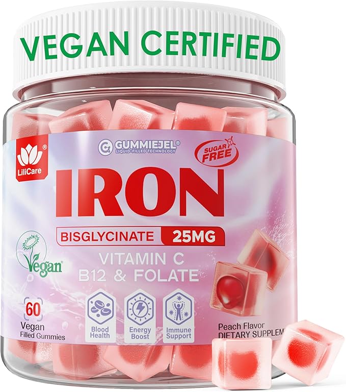 Women's Vegan Iron Supplement 25mg, Sugar Free Iron Gummies with Vitamin C, Methy B12, Folate for Energy Boost, Non-Constipating, No After Taste, Peach Flavor - 60 Count (Pack of 1)