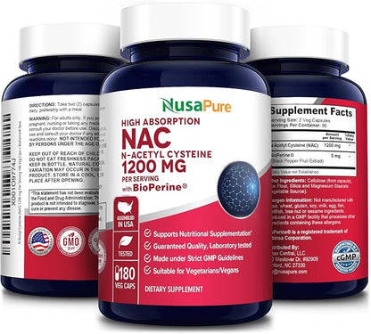NusaPure N-Acetyl Cysteine (NAC) 1200mg 180 Veggie Caps (Vegetarian, Non-GMO, Gluten Free) Bioperine