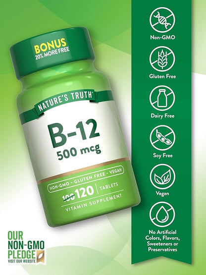 Nature's Truth B12 Vitamin | 500 mcg | 120 Tablets | Vegan, Non-GMO & Gluten Free Supplement