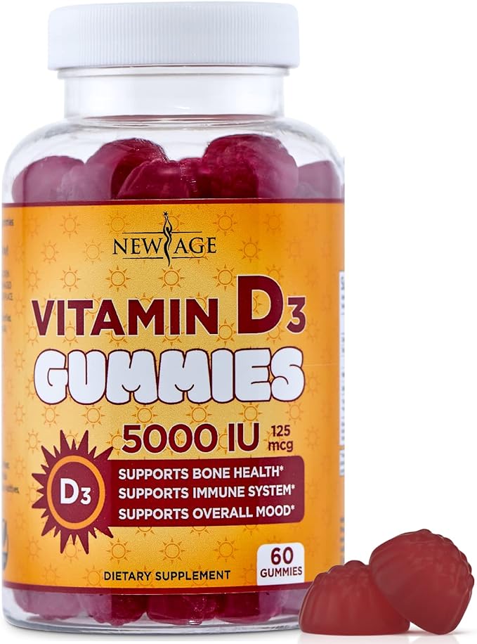 NEW AGE Vitamin D3 5000 IU 125mcg Gummies - Support Immune Support, Strong Bone Health - Non-GMO, Gluten-Free, Dairy-Free, No Gelatin (60 Gummies (Pack of 1))