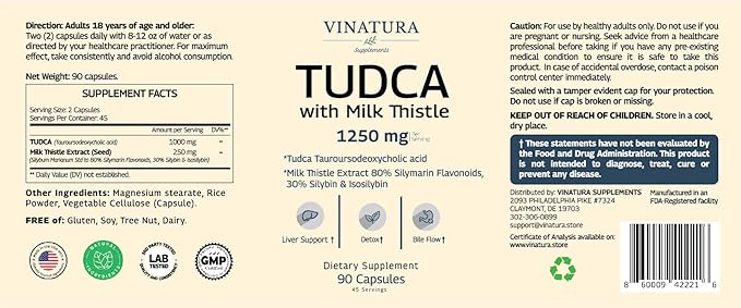 TUDCA Milk Thistle 1250mg - Tudca 1000mg, Tudca Bile Salts, Liver Support, Gallbladder Supplements *USA Made and Tested*, Tudca Supplement, Bile Salts Supplement - 90 Capsules 45 Servings