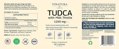 TUDCA Milk Thistle 1250mg - Tudca 1000mg, Tudca Bile Salts, Liver Support, Gallbladder Supplements *USA Made and Tested*, Tudca Supplement, Bile Salts Supplement - 90 Capsules 45 Servings