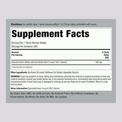 Piping Rock Odorless Garlic Softgels | 500mg | 200 Pills | Herbal Extract Supplement | Odor-Free, Non-GMO, Gluten Free