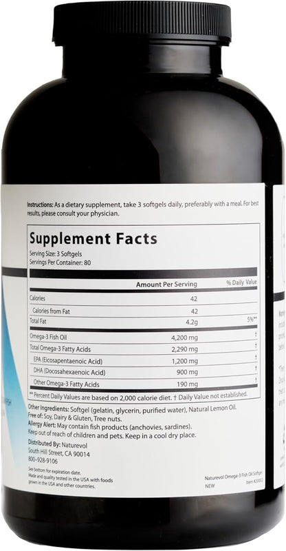 Triple Strength Omega 3 Fish Oil 4200mg - Lemon Flavored | EPA & DHA Fatty Acids | 1200mg EPA + 900mg DHA | Deep Sea Fish | Burpless Fish Oil Supplement - 240 Softgels
