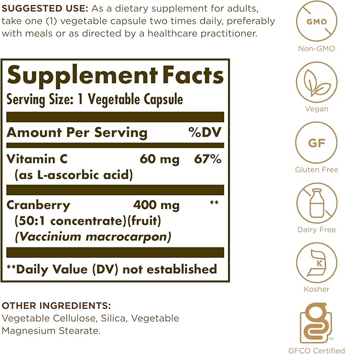 SOLGAR Cranberry with Vitamin C - 60 Vegetable Capsules - Supports Urinary & Bladder Health - Non-GMO, Vegan, Kosher, Gluten Free - 60 Servings