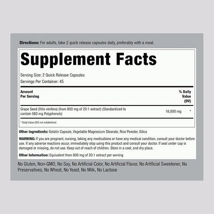 Piping Rock Grape Seed Extract Capsules | 16,000 mg | 90 Count | Standardized Supplements | Non-GMO, Gluten Free