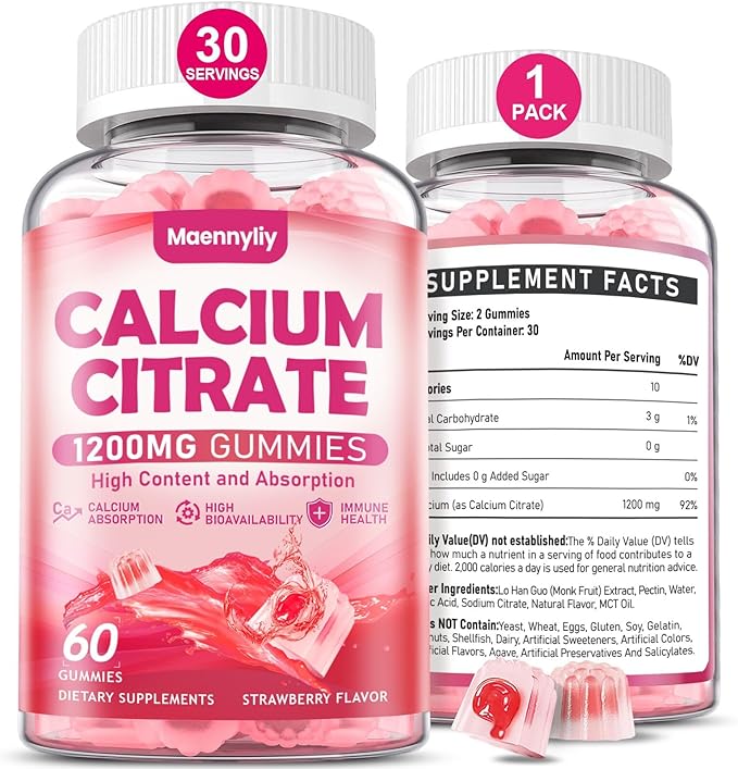 Calcium Citrate Gummies 1200 mg for Adults: Ultimate Absorption Calcium Supplement for Women & Men - Easy to Digest, Vegan, Non-GMO, Gluten Free - Natural Strawberry Flavor