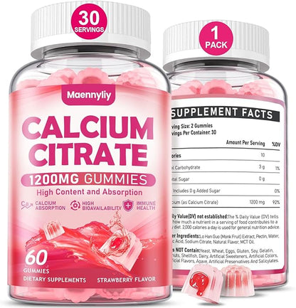 Calcium Citrate Gummies 1200 mg for Adults: Ultimate Absorption Calcium Supplement for Women & Men - Easy to Digest, Vegan, Non-GMO, Gluten Free - Natural Strawberry Flavor