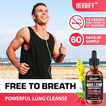 HERBIFY Mullein Drops - Lung Cleanse - Leaf Extract - Powerful Mullein for Immune Support, Detox & Respiratory Support - Made in USA - 4 Oz Raspberry Flavor