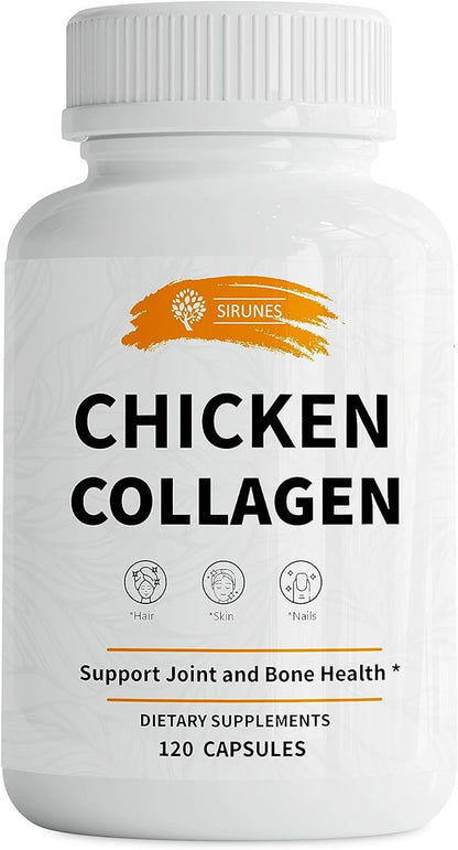SIRUNES Chicken Collagen Capsules - Type II Collagen Nutritional Supplement for Joint, Skin & Bone Support - Non-GMO, Anti-Aging Dietary Supplements with Hydrolyzed Collagen Peptides - 120 Capsules