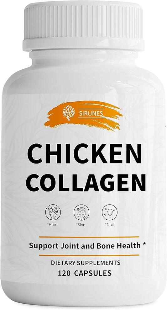 SIRUNES Chicken Collagen Capsules - Type II Collagen Nutritional Supplement for Joint, Skin & Bone Support - Non-GMO, Anti-Aging Dietary Supplements with Hydrolyzed Collagen Peptides - 120 Capsules