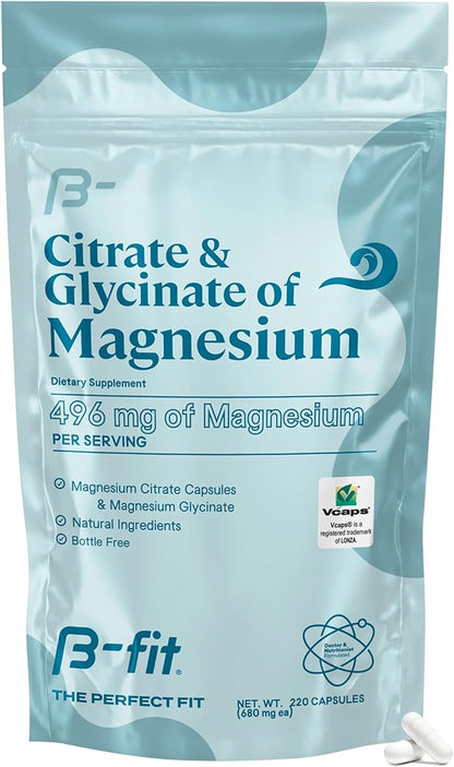 Magnesium Glycinate & Citrate - 220 Capsules - Magnesium Supplement - 496 mg Elemental Magnesium - Supports Sleep and Muscle Recovery - Vegan - High Absorption Formula - 2 Month Supply