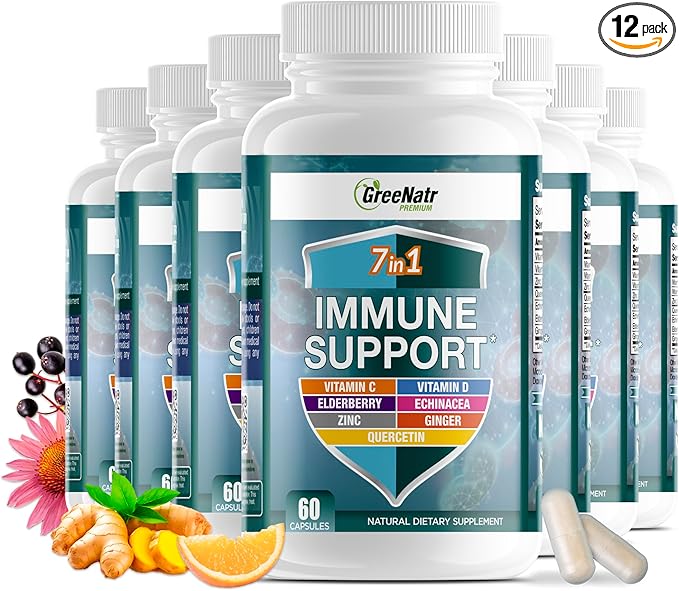 7 in 1 Immune Support Supplement with Vitamin C, Vitamin D3, Zinc 50mg, Quercetin, Echinacea Purpurea, Sambucus Elderberry and Ginger for Complete Immune Defense - 60 Capsules (12 Bottles)