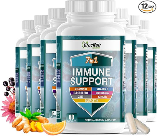 7 in 1 Immune Support Supplement with Vitamin C, Vitamin D3, Zinc 50mg, Quercetin, Echinacea Purpurea, Sambucus Elderberry and Ginger for Complete Immune Defense - 60 Capsules (12 Bottles)