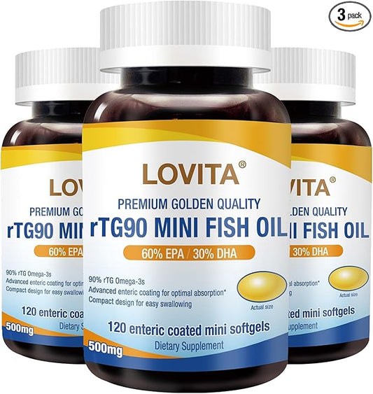 Lovita rTG 90 Mini Fish Oil, 2000mg Daily| High Absorption rTG Form, 90% Omega-3 | Burpless, Easy to Swallow | Support Healthy Heart, Brain and Eyes | 120 Enteric-Coated Softgels (Pack of 3)