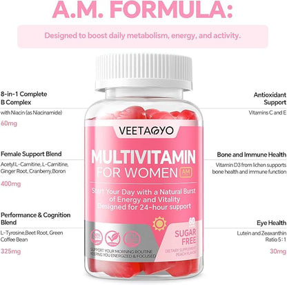 Multivitamin for Women AM & PM - Melatonin Free with w/Algae Calcium,Omega-3,Vitamin D3K2,Magnesium for Energy & Relaxation,Rest,Skin,Hair Support - Sugar Free, 24-Hour Support, Vegan,120 Count