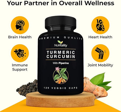 Turmeric Curcumin with Black Pepper Extract (Piperine) - 120 Veggie Tumeric Capsules - Premium 95% Standardized Curcuminoids - High Absorption & Potency - Joint Support Supplement