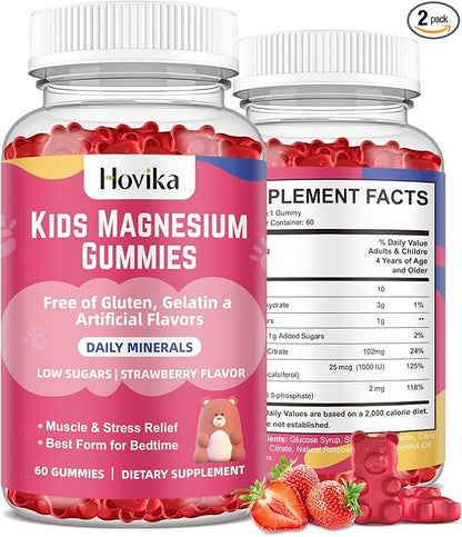 Magnesium Citrate Gummies for Kids - Great Tasting Kids Magnesium Calm Supplement Support Nerve & Bone Health, Strong Muscle for Kids Wellness, Vegan Strawberry Flavor Low-Sugar, 2 Pack-60 Count