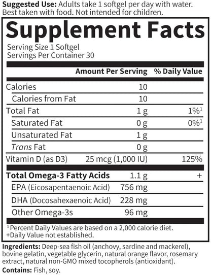 Garden of Life Minami Supercritical Platinum Omega 3 Fish Oil Supplement - Orange, 30 Softgels, Ultimate Once Daily Fish Oil Omega 3 for Heart & Brain Health, 1100mg Omega-3s + 1,000 IU Vitamin D3